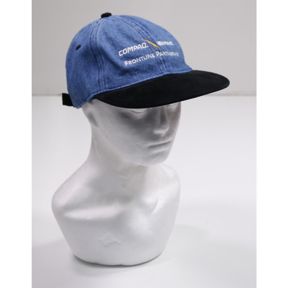 Compaq Microsoft Vintage 90s Y2K Denim Suede Leather Strapback Hat Cap